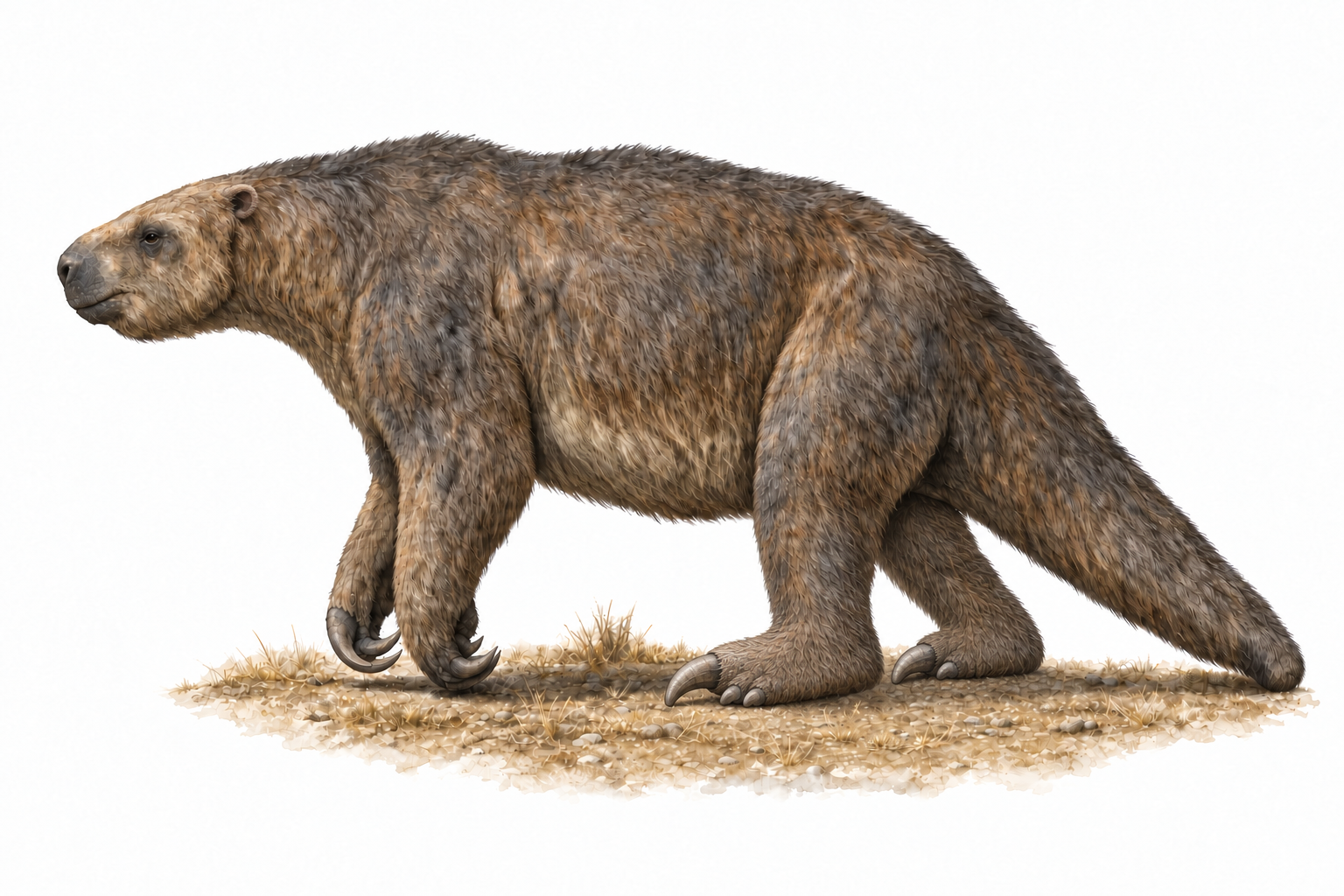 Reconstitution d'un Megatherium americanum de profil, paresseux terrestre géant au corps massif couvert d'une fourrure épaisse, marchant à quatre pattes sur le bord de ses pieds dans la Pampa du Pléistocène