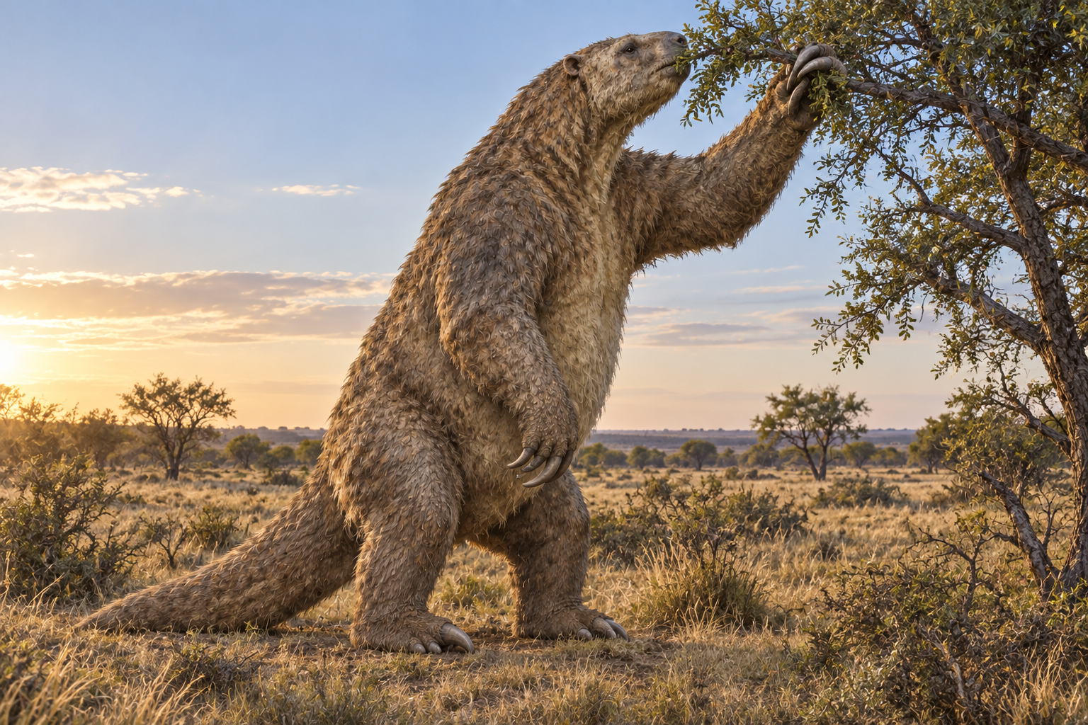 Scène : un Megatherium dressé sur ses pattes arrière tire à lui les branches d'un arbre dans la Pampa du Pléistocène au petit matin