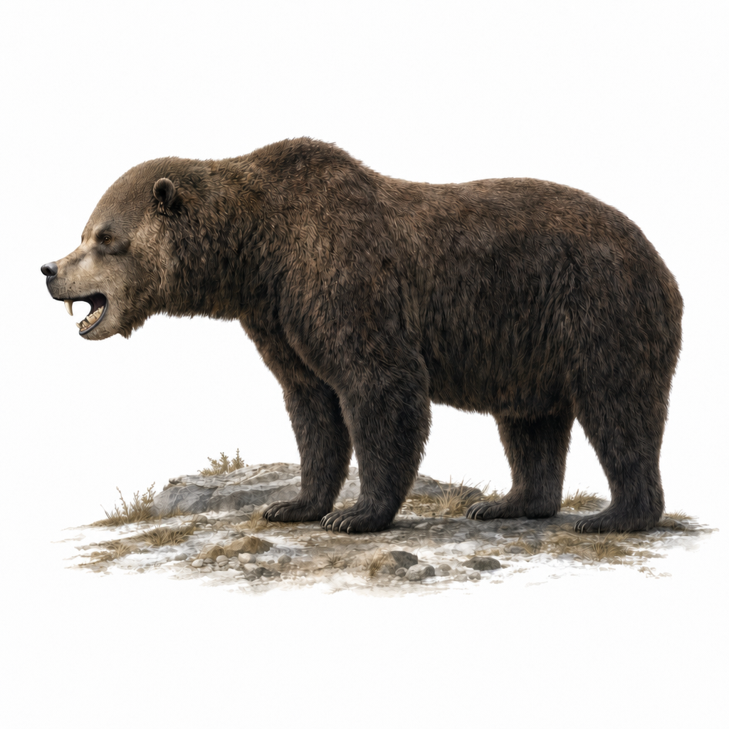 Reconstitution d'un ours des cavernes de profil, silhouette massive au front bombé caractéristique, dans un paysage montagneux glaciaire d'Europe au Pléistocène