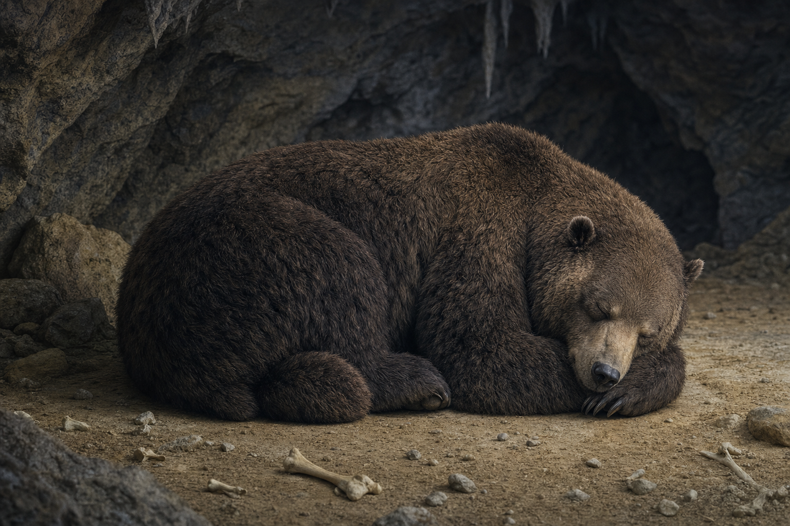 Un ours des cavernes endormi et recroquevillé au fond d'une grotte calcaire pendant l'hibernation, ossements épars sur le sol