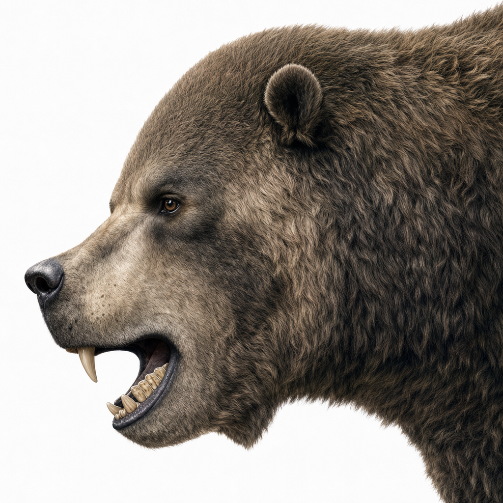 Gros plan sur le crâne d'un ours des cavernes, montrant le front très bombé caractéristique et les larges molaires plissées adaptées au broyage de végétaux