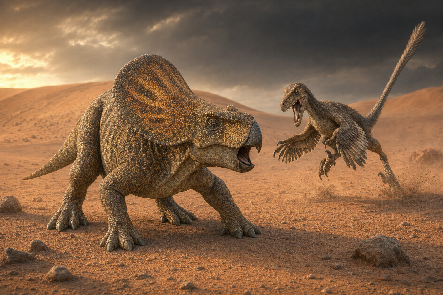 Scène reconstituée : un Protoceratops se cabre face à un Vélociraptor emplumé dans un paysage de dunes du Crétacé mongol, au crépuscule