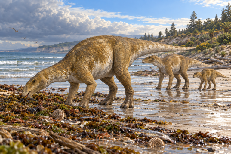Reconstitution d'un groupe d'Eolambia, dinosaures herbivores au long museau, sur une plage du Crétacé après une tempête : le plus proche fouille un cordon d'algues échouées parsemé de coquillages et d'ammonites