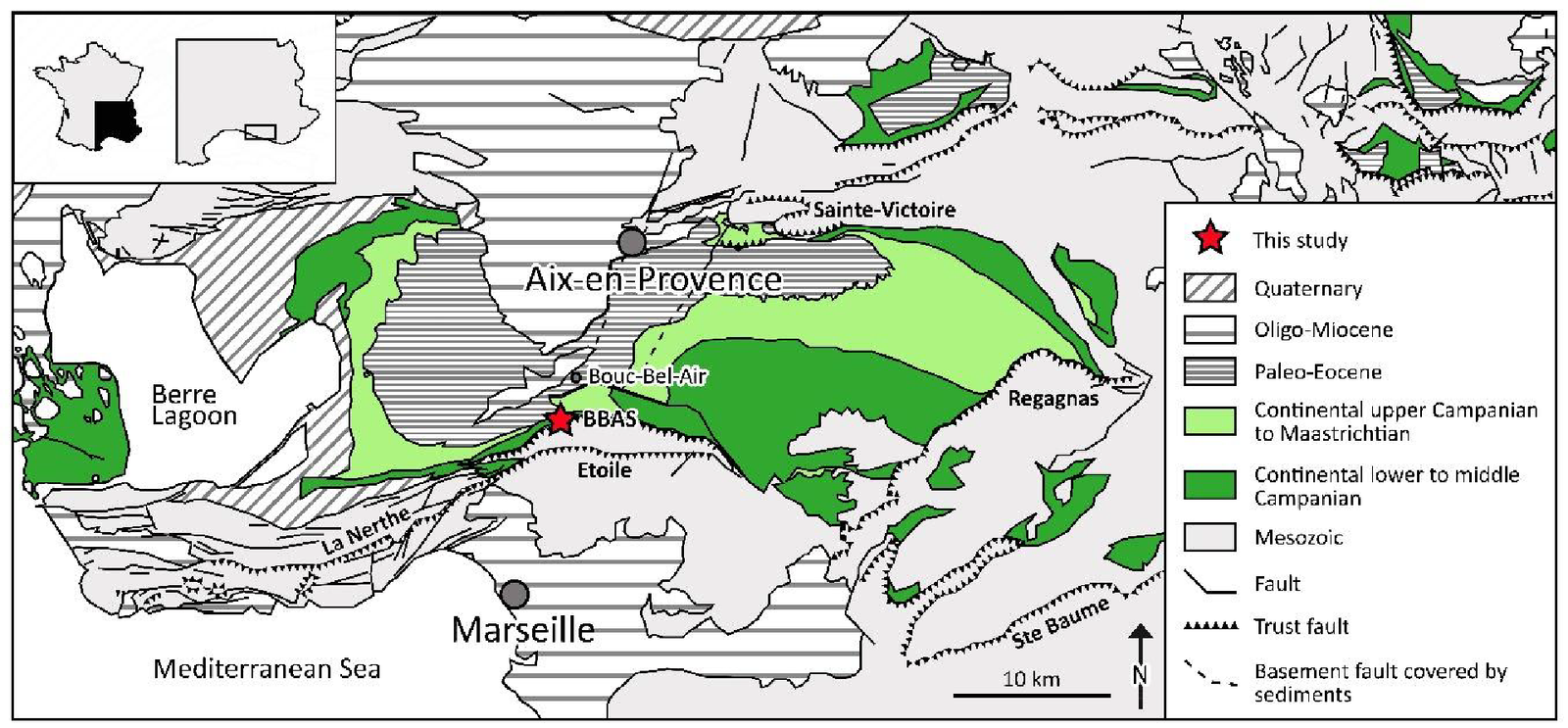 Carte du bassin d'Aix-en-Provence montrant les dépôts continentaux du Crétacé supérieur et la position du gisement de Bouc-Bel-Air – Sousquières